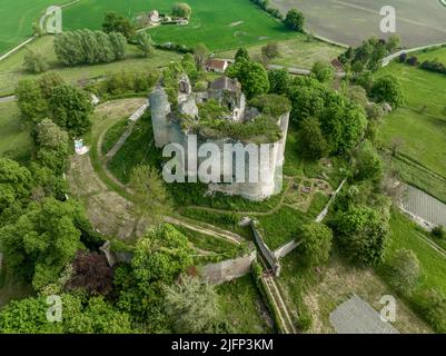 Aerial top down ground plan view of Montaigu le blin Gothic ruin castle in Allier department in Central France. Lower courtyard surrounded by ruined w Stock Photo