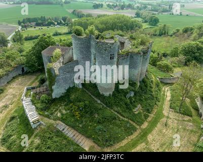 Aerial top down ground plan view of Montaigu le blin Gothic ruin castle in Allier department in Central France. Lower courtyard surrounded by ruined w Stock Photo