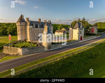 Aerial view of Montpoupon castle, French Renaissance chateau in the Loire Valley with round towers , gate house in a forested valley Stock Photo