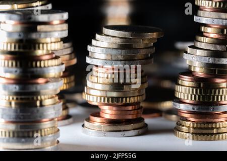 Euro currency, Stacked and piled up Euro coins Stock Photo