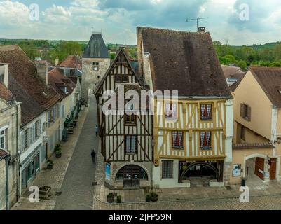 Aerial view of Noyers village in the pretty setting of the Chablis countryside on the banks of the River Serein a real-life history book With the cobb Stock Photo