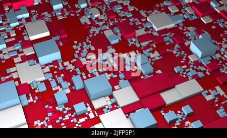 Colorful cubes on 3d surface. Motion. 3D projection of chip with colorful cubes. Abstract city plan or microchip made of cubes of different sizes Stock Photo