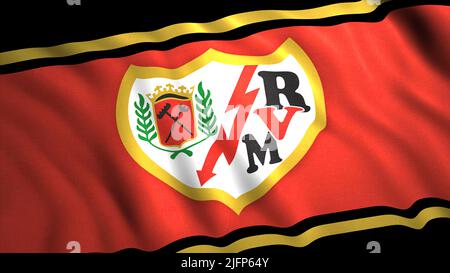 Flags of Spanish football club. Motion. Beautifully waving 3d flag with logo of football club. Emblem of Spanish football club Rayo Vallecano on flag Stock Photo