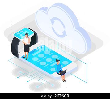 Cloud services isometric composition with icons of electronic gadgets with cloud sync icon and human characters vector illustration Stock Vector
