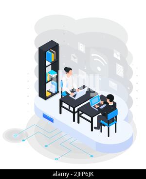 Cloud services isometric composition with characters of coworkers in office room with wireless sync pictograms vector illustration Stock Vector