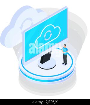 Cloud services isometric composition with computer screen showing cloud sync icon and human character vector illustration Stock Vector