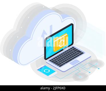 Cloud services isometric composition with icons of laptop with folder on screen sync sign and smartphone with cloud vector illustration Stock Vector