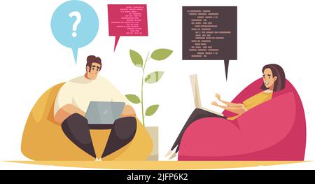 Programmer composition with doodle style characters of programmers working with laptops on soft chairs vector illustration Stock Vector