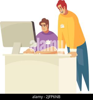 Two happy male programmers at their work place in office flat vector illustration Stock Vector