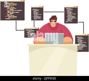Male programmer working on laptop flat vector illustration Stock Vector