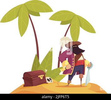 Fairy tale composition with character of pirate standing on desert island with treasure chest vector illustration Stock Vector