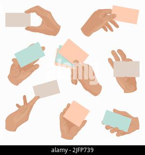 Collection with hands holding various paper notes. Stock Vector