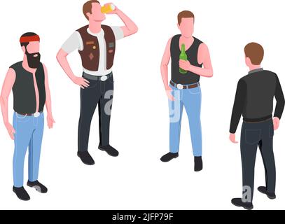 Four male bikers drinking beer isometric characters isolated on white background vector illustration Stock Vector