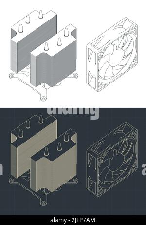 Stylized vector illustration of blueprints of disassembled cpu cooler Stock Vector