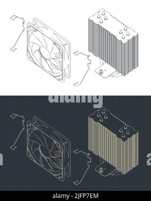 Stylized vector illustration of isometric blueprint of disassembled tower type CPU cooler Stock Vector