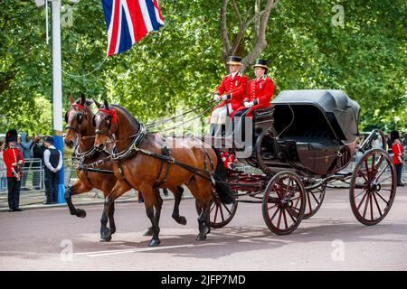An empty carriage procession at the Trooping the Colour, Colonel’s Review in The Mall, London, England, United Kingdom on Saturday, May 28, 2022. Stock Photo