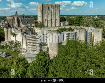 Aerial panorama view of Loches in Indre-et-Loire in the Loire Valley in France with massive Norman keep with double enclosure, semi circular towers, R Stock Photo