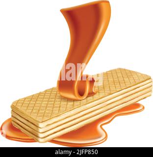 Wafer realistic composition with image of white wafer poured by caramel on blank background vector illustration Stock Vector