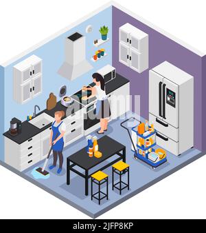 Professional cleaning service isometric composition with kitchen being cleaned by two female workers 3d vector illustration Stock Vector