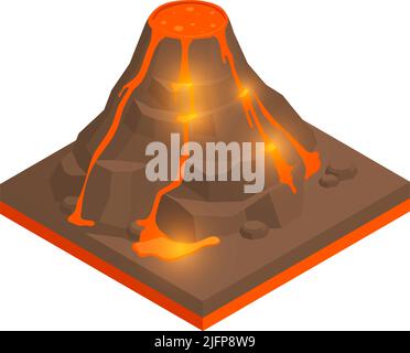 Natural disaster isometric composition with isolated image of erupting volcano with flowing lava vector illustration Stock Vector