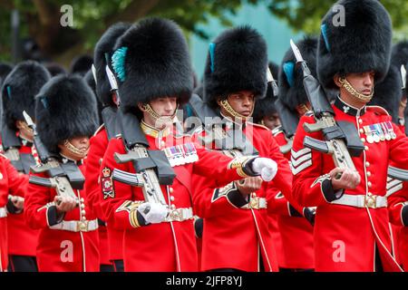 Irish Guards at Trooping the Colour, Colonel’s Review in The Mall, London, England, United Kingdom on Saturday, May 28, 2022. Stock Photo