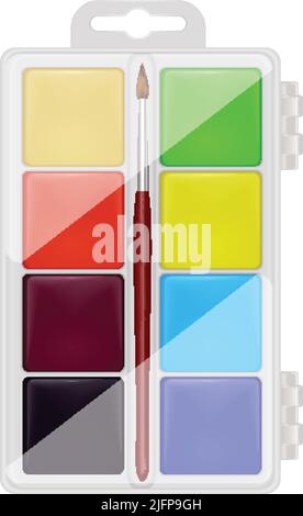 Stationery realistic composition with oil paint set in plastic package box on blank background vector illustration Stock Vector