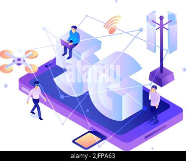Isometric 5g internet technology composition with icons of smartphone antenna flying drone and connection lines with people vector illustration Stock Vector