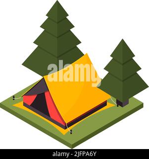 Camping hiking isometric icon with yellow tent in forest 3d vector illustration Stock Vector