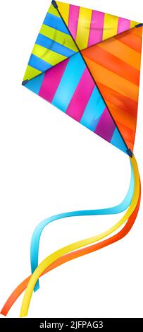 Realistic kite composition with realistic image of colorful kite on blank background vector illustration Stock Vector