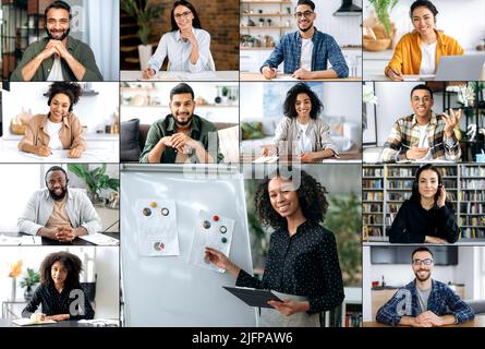 Financial remote meeting of multiracial colleagues. Successful african american female business leader conducts group brainstorming with diversity coworkers of company by video conference Stock Photo