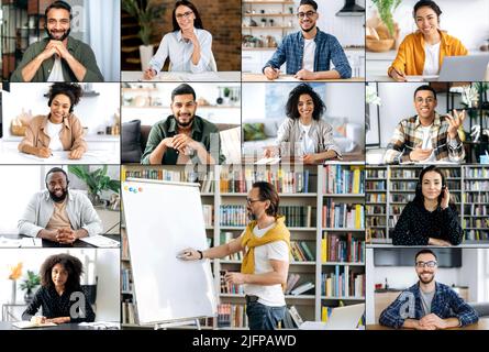 Online video training. Caucasian smart mature male teacher standing near marker board, holding distance lecture for multiracial students, video conference webinar, e-learning concept Stock Photo
