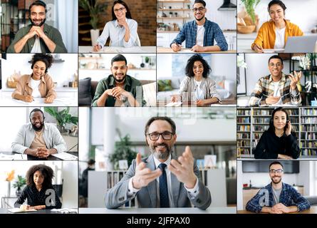 Successful influential confident caucasian middle aged businessman, mentor, company owner, meeting with multiracial colleagues in video conference, brainstorming, discussing financial business plan Stock Photo