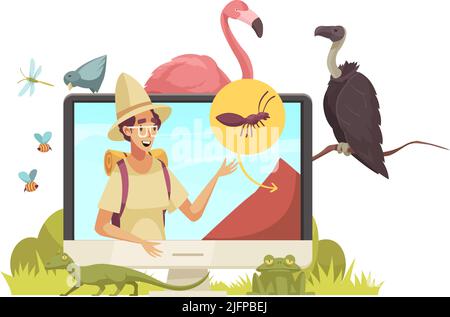 Video blogger composition with desktop computer and human character surrounded by bird images and insects vector illustration Stock Vector