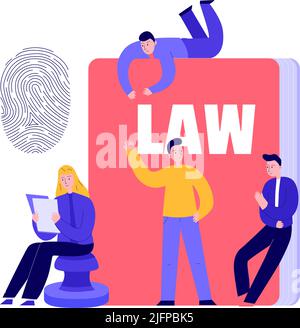 Lawyer justice law composition with doodle characters of investigators with book and fingerprint vector illustration Stock Vector