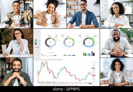 Financial briefing, brainstorming, virtual meeting of colleagues. Group of successful multiracial business employees, financial experts, discuss financial strategy, analyze the schedule,possible risks Stock Photo