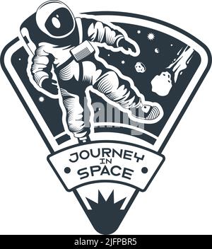 Space emblem monochrome composition with text and character of walking astronaut in spacesuit vector illustration Stock Vector