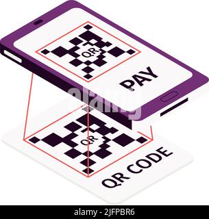 Isometric online mobile bank composition with icons of smartphone scanning qr code vector illustration Stock Vector
