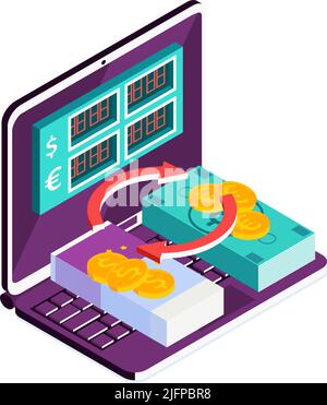 Isometric online mobile bank composition with icons of laptop exchange and payment methods vector illustration Stock Vector