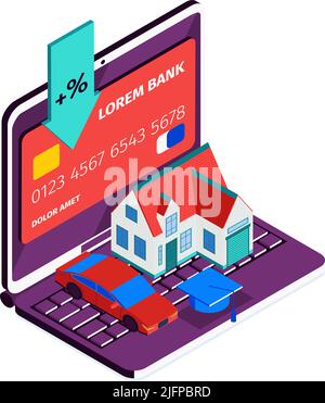 Isometric online mobile bank composition with icons of laptop property and payment methods vector illustration Stock Vector