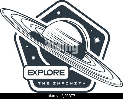 Space emblem monochrome composition with text and saturn planet in front of starry sky vector illustration Stock Vector