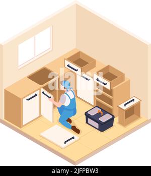 Isometric repairs composition with view of kitchen room with character of repairman vector illustration Stock Vector