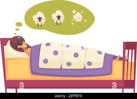 Sleep time composition with view of woman lying in bed with sleeping mask counting sheeps in dreams flat isolated vector illustration Stock Vector