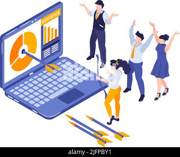 Isometric marketing strategy business composition of isolated laptop with target aim and people on blank background vector illustration Stock Vector