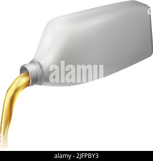Engine oil advertising realistic composition with isolated image of plastic canister pouring oil vector illustation Stock Vector