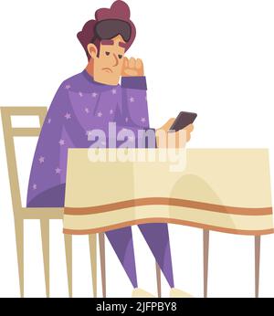Sleep time composition with character of man sitting at table with smartphone wearing sleeping suit with mask flat isolated vector illustration Stock Vector