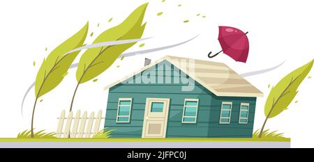 Natural disaster cartoon composition with nodded house trees and umbrella flying in wind vector illustration Stock Vector