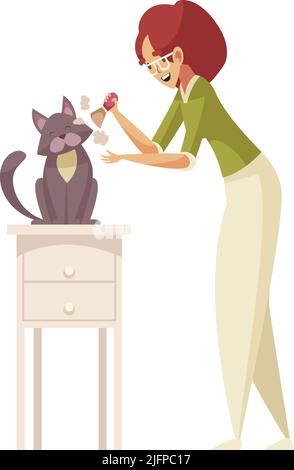Grooming flat composition with character of woman with cosmetic brush and cat sitting on table vector illustration Stock Vector