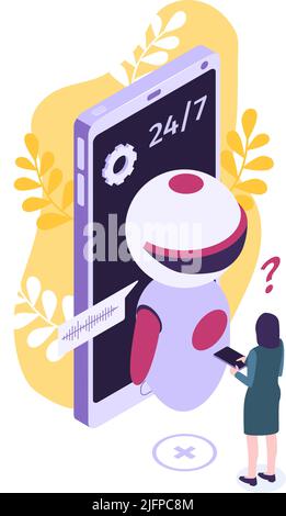 Isometric customer support faq composition with human character and tech agent robot with smartphone vector illustration Stock Vector