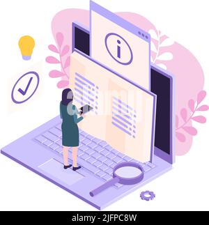 Isometric customer support faq composition with human character and book with info sign and laptop vector illustration Stock Vector