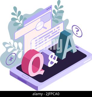 Isometric customer support faq composition with image of tablet with computer windows and 3d text vector illustration Stock Vector